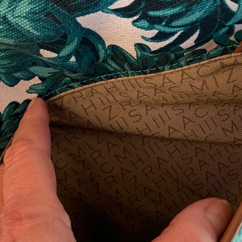 Isaac Mizrahi teal floral print crossbody, with Carmel trim - Picture 5 of 15